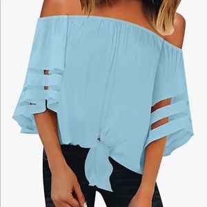 Off The Shoulder 3/4 Bell Sleeve Mesh Tie Knot Top